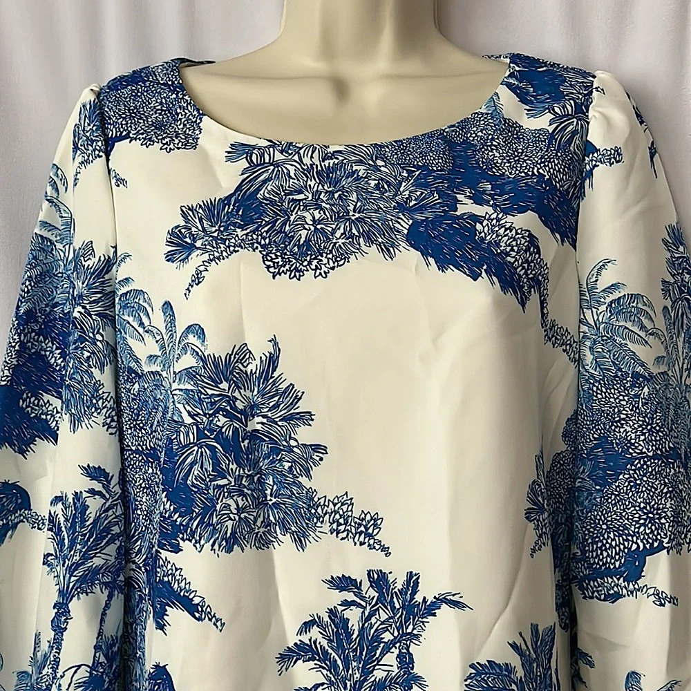 Mestiza NWT Gorgeous Cream/Blue Palm Tree 3/4 Bell Sleeve Mini Dress **Size XS** - Picture 3 of 6